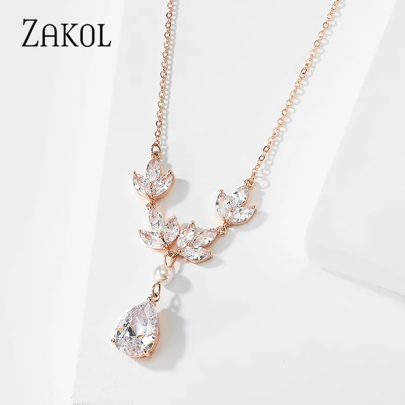 

ZAKOL 2020 Trendy Three Colors Shiny Clear Cubic Zirconia Pendant Necklaces Women Wedding Party Jewelry FSNP2203