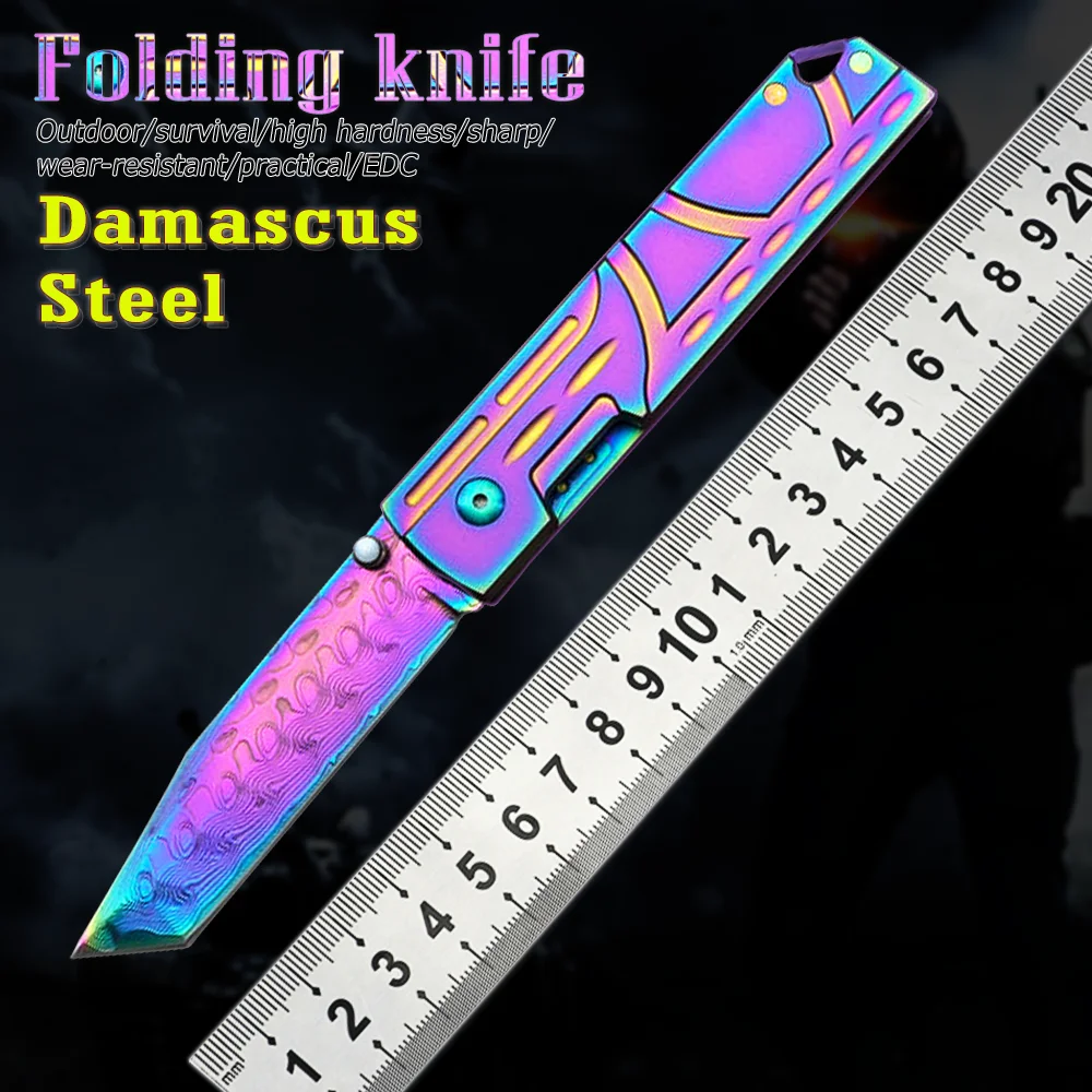 

Damascus Steel Folding Knife EDC Pocket Knife Camping Survival Tactics Knife Slicing Fruit Knife Color Steel Handle Outdoor Tool