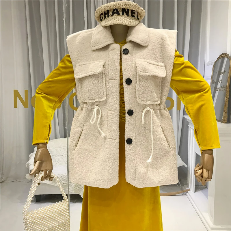 

Abrigos Cortos Mujer Invierno 2019 Sleeveless Vest Women Polar Fleece Fabric Casual Pockets Adjustable Waist Turn-down Collar