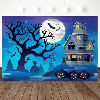 

Halloween Photo Photography Background Pumpkin Lantern Tree Grave Bat Backdrop Big Moon Haunted House Party Banners Decoration