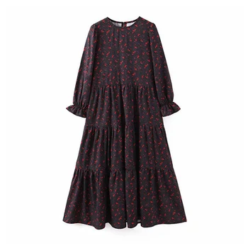 

Vintage Stylish Floral Print Pleated Midi Dress Women O Neck Long Sleeve Female Black Dresses Chic Vestidos Mujer