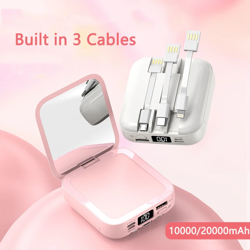 20000mAh Mini Power Bank With Micro USB Type C Cable Portable Charger Makeup Mirror Powerbank External  Power Bank Xiaomi anker powercore 20000