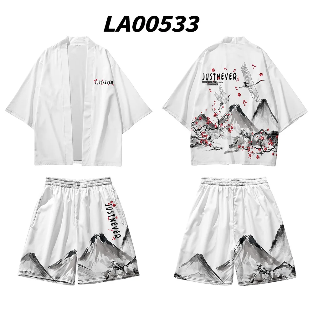Chinese Style Crane Kimono Shorts Pants Sets Two-piece Suit Japanese Cardigan Women Men Cosplay Yukata Clothing Harajuku Haori