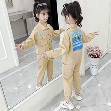 Весенне-осенний Повседневный Детский комбинезон для девочек с буквенным принтом, однобортный детский Свободный комбинезон, От 4 до 13 лет