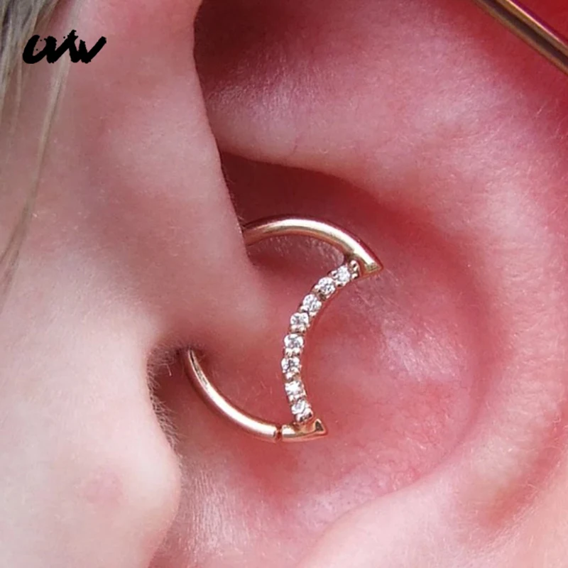 1pc Tiny CZ Crystal Moon Copper Earrings Daith Helix Piercing Tragus