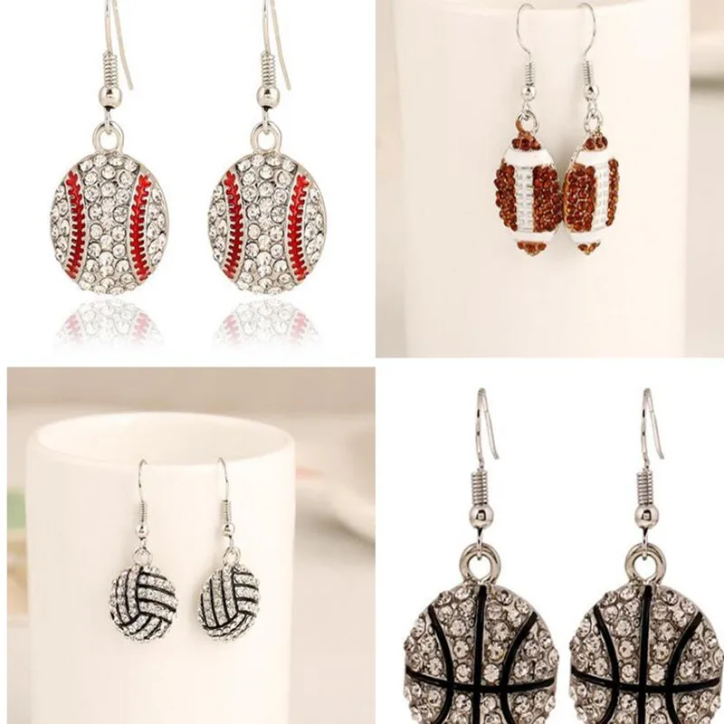 

one pair fashion sport mix base ball/basketball/American football crystal earrings xye164
