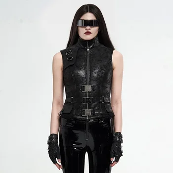 

PUNKRAVE Women's Punk Crack Waistcoat Steampunk Handsome Slim-fitting Irregular Shoulder Stage Performance Vest