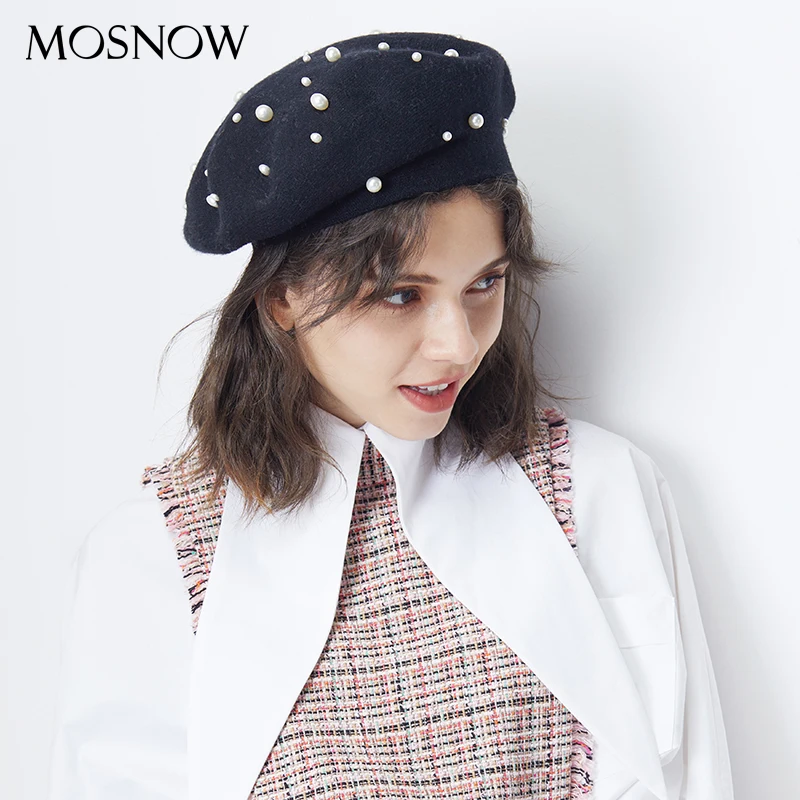 

Women Beret With Pearls In Autumn Winter Pure Wool Cashmere Knitted Bead Pearl Cap Warm Girl Sweet Ladies Hat Wholesale Berets