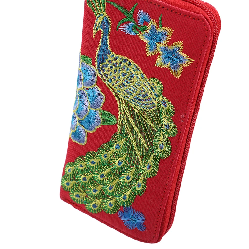 New Women's Double-sided Embroidery Coin Purse Ethnic Style Peacock Wallet Zipper Clutch