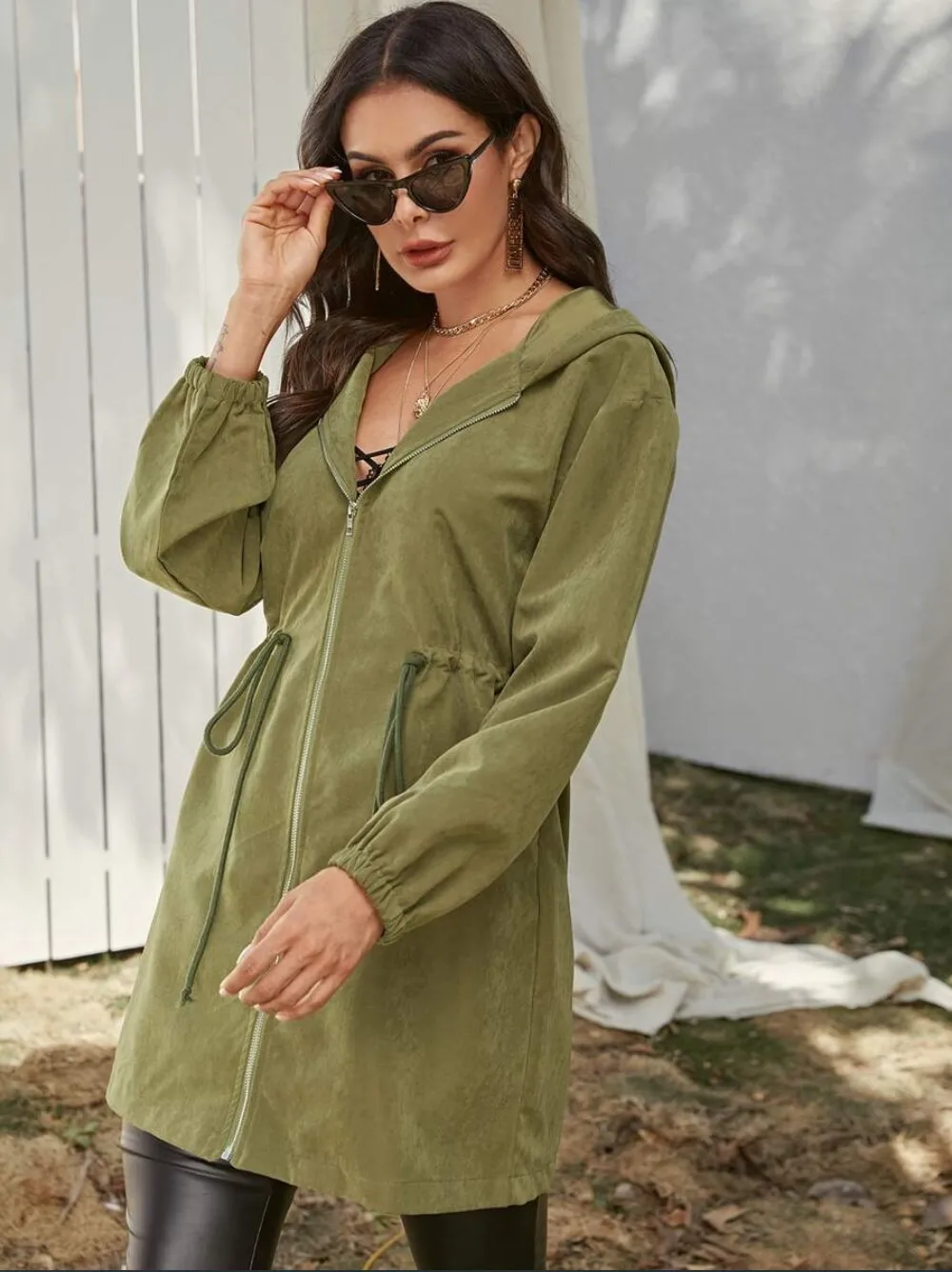

Linglewei New Spring and Summer Women's Coat Hooded windbreaker Army green Waist pulling rope Loose coat