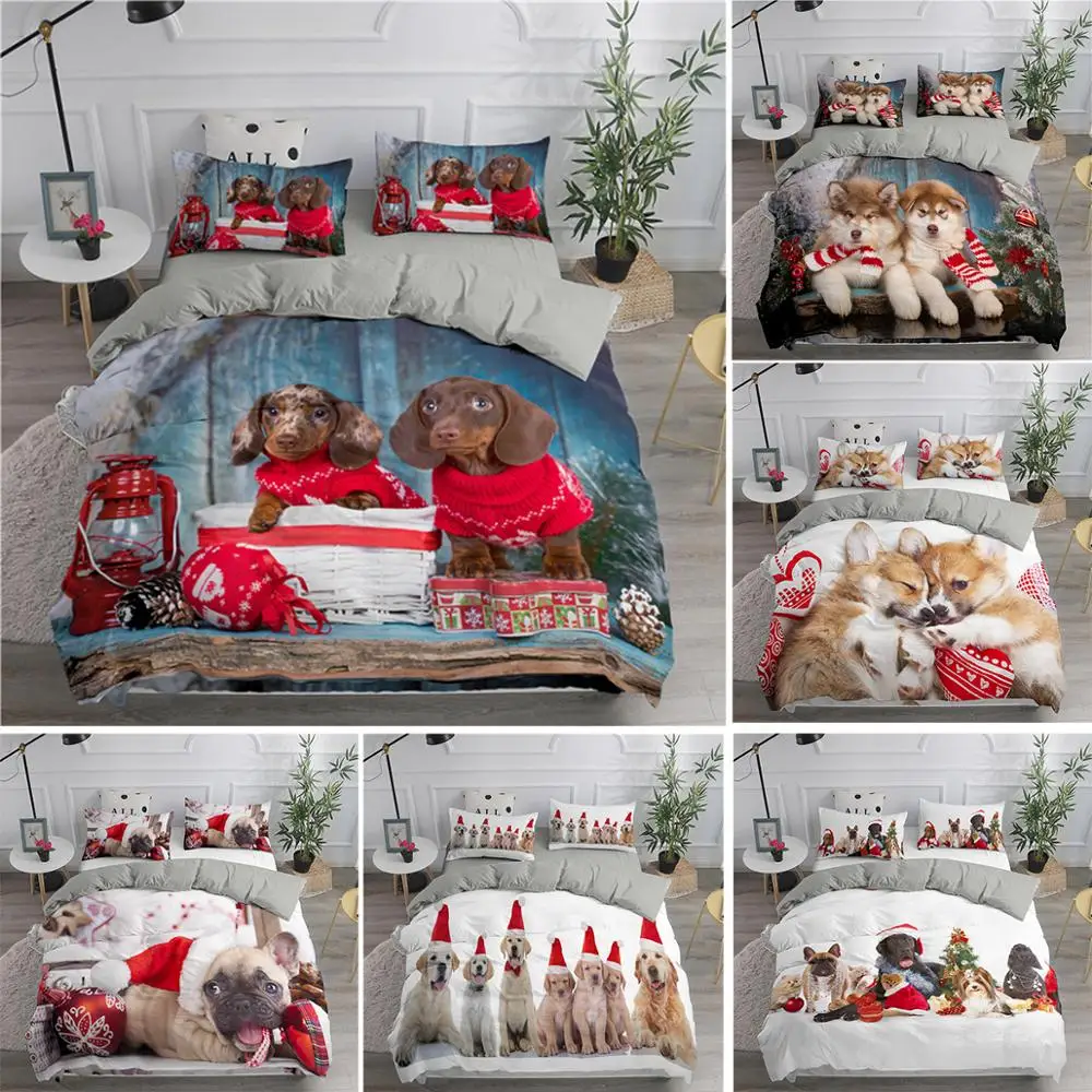 

2021 Christmas Cute Pug Dogs Cartoon Bedding Sets 3D Print Duvet Cover Set King Queen Size Comforter Bedding Set Bed Linen