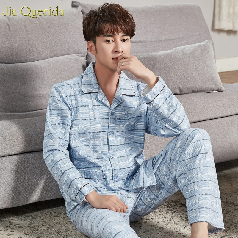 

Pyjamas Men Long Sleeves Trousers Winter Pijama Hombre Double Side 100% Cotton Embossing Pattern Elegant Male Sleepwear Big Size