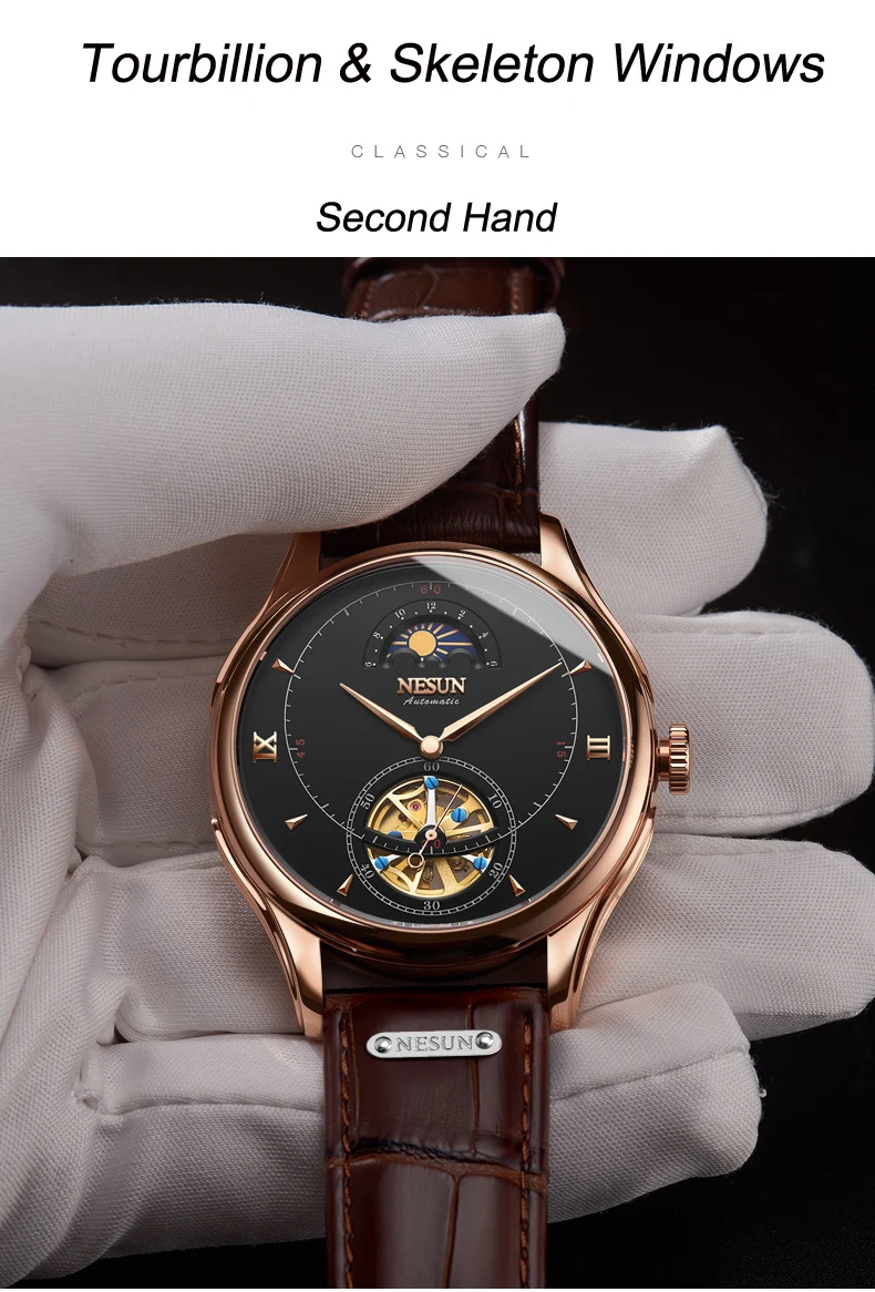 Automatic Mechanical Watch Switzerland NESUN Tourbillon Men's Watches Luxury Brand Skeleton Watch Sapphire Montre Homme N9037