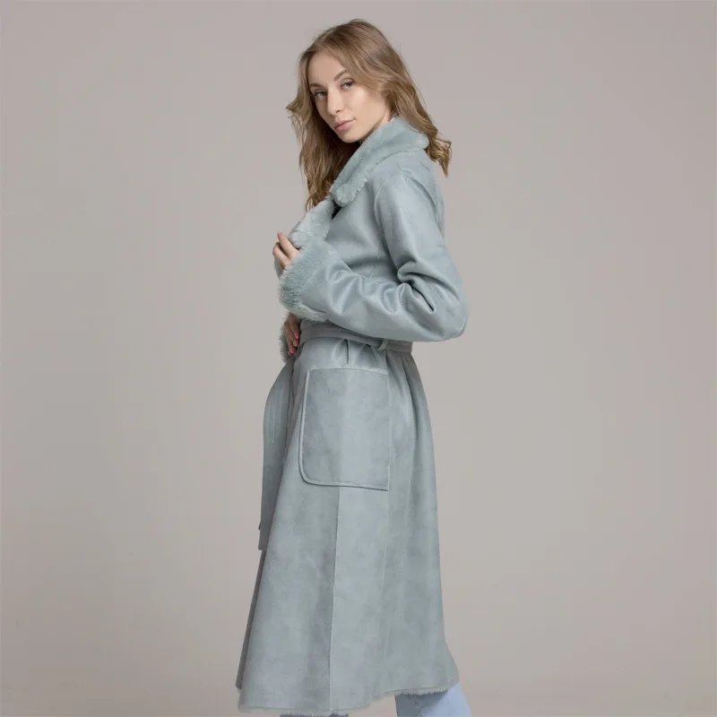 Европейская и американская осенне-зимняя куртка новая женская шуба из искусственного меха смешанный длинный рукав ремень пальто XA90
