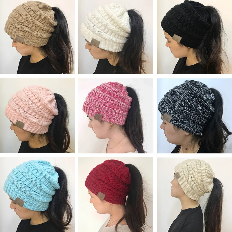 

20 Colors Ponytail Beanie Women Stretch Knitted Crochet Beanies Winter Hats For Women Hats Cap Warm Lady Messy Bun Wholesale