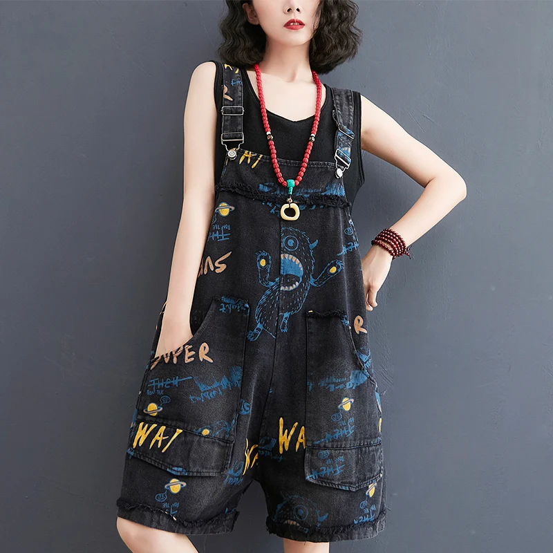 #1417 Black Red Denim Playsuits Women Loose Wide Leg Vintage Playsuits Ladies Big Pockets Printed Overalls For Women Summer 2023