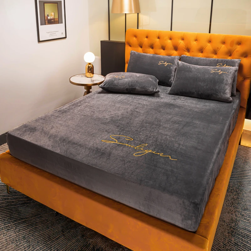 Elastic Fitted Sheet Crystal Velvet Bed Linen Mattress Cover Solid Color 1pcs Winter Warm Soft Full