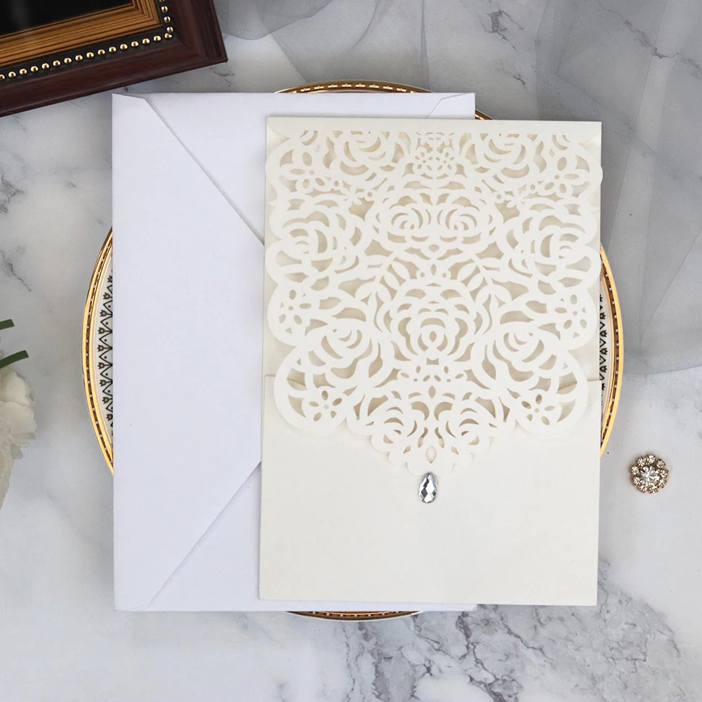  10pcs/set Elegant Lace Pocket Wedding Invitations Card Business Invitation Square Laser Cut Customi - 4.00028E+12