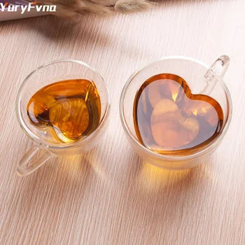 

YuryFvna Double Wall Mug Heart Shape Office Mugs Heat Insulation Double Glass Coffee Milk Mug Cup Drinkware