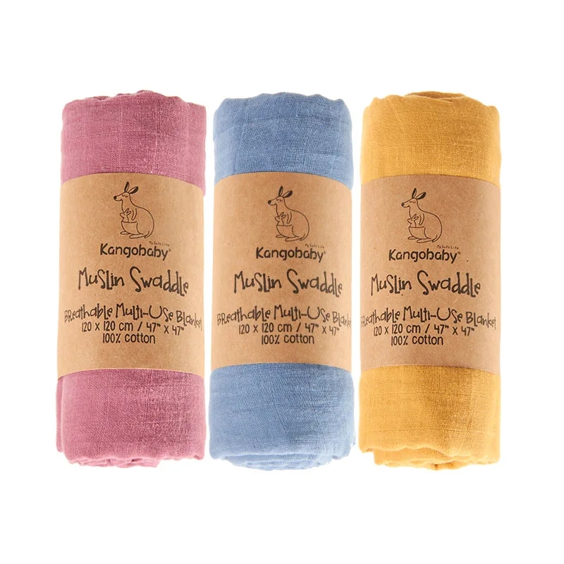 Kangobaby-couvertures en coton mousseline | 3 pièces/Pack100 % mousseline, couvertures à langes pour nouveau-nés, accessoires de photographie, attache kangourou pour bébé, serviette de bain