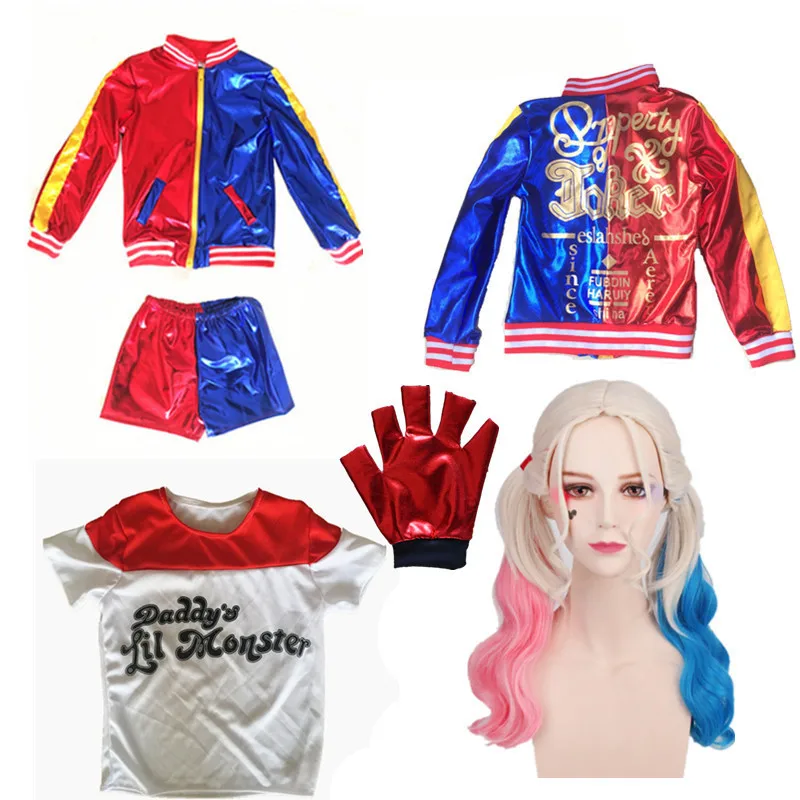 Детский костюм для девочек Харли Квинн, Джокер, Пурим супегерои «Отряд Самоубийц», костюмы для костюмированной вечеринки на Хэллоуин, куртка, комплекты париков для детей