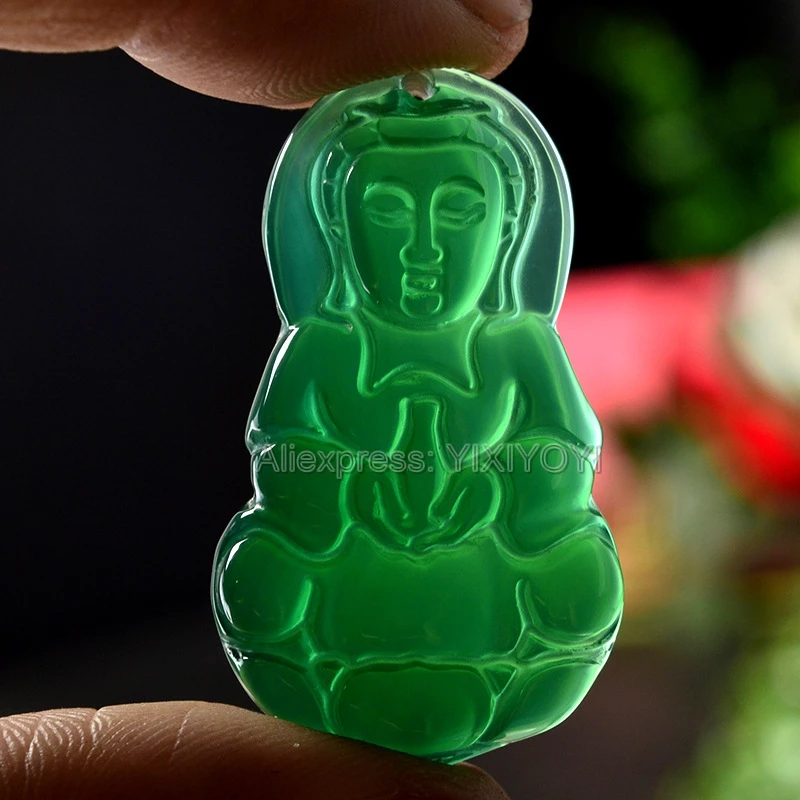 Красивый ручной работы Природный зеленый агат нефритовый резной Гуаньинь, Будда пары, счастливый кулон+ веревка ожерелье, ювелирные украшения