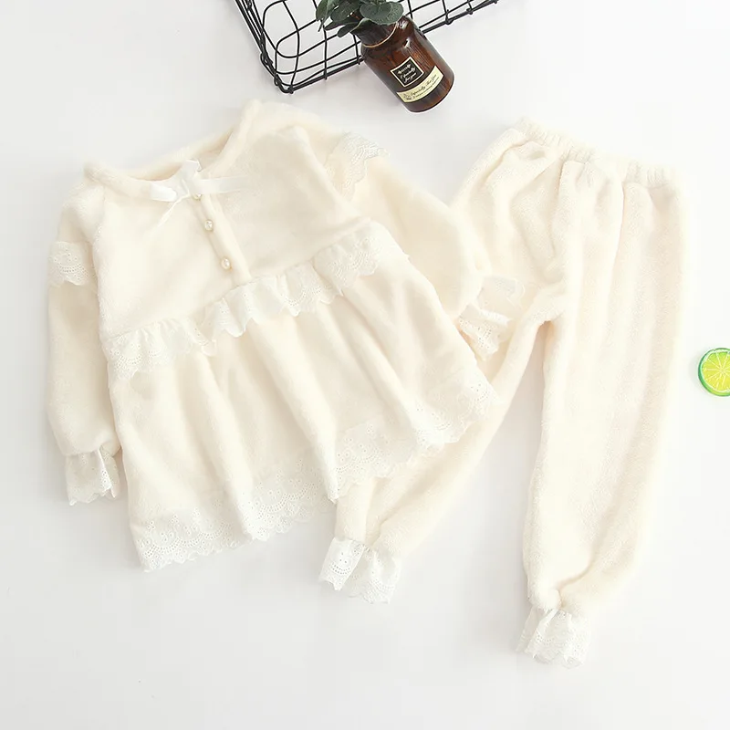 

Autumn And Winter Children Lace Edge Pajamas Girls Baby Children Warm Tracksuit Kids Thick Coral Velvet Set