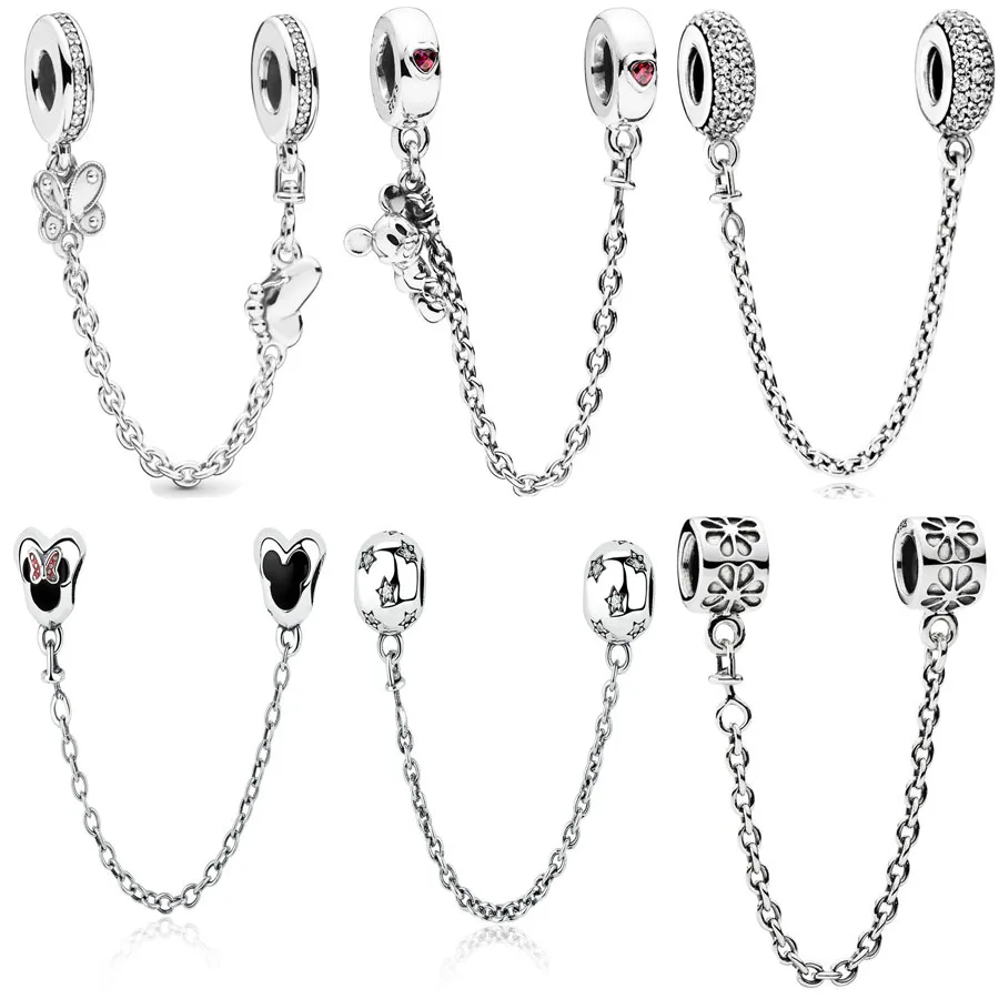 

New Real 925 Sterling Silver Climbing Mickey Safety Chain Charm Fit pandora Bracelet Pave Inspiration Safety Chain DIY Jewelry
