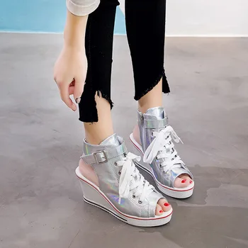 

Sandals Women's Wedges Peep Toe Ladies Platform PU Leopard High Heels Shoes Summer Female Lace Up Zipper Woman Fashion Plus Size