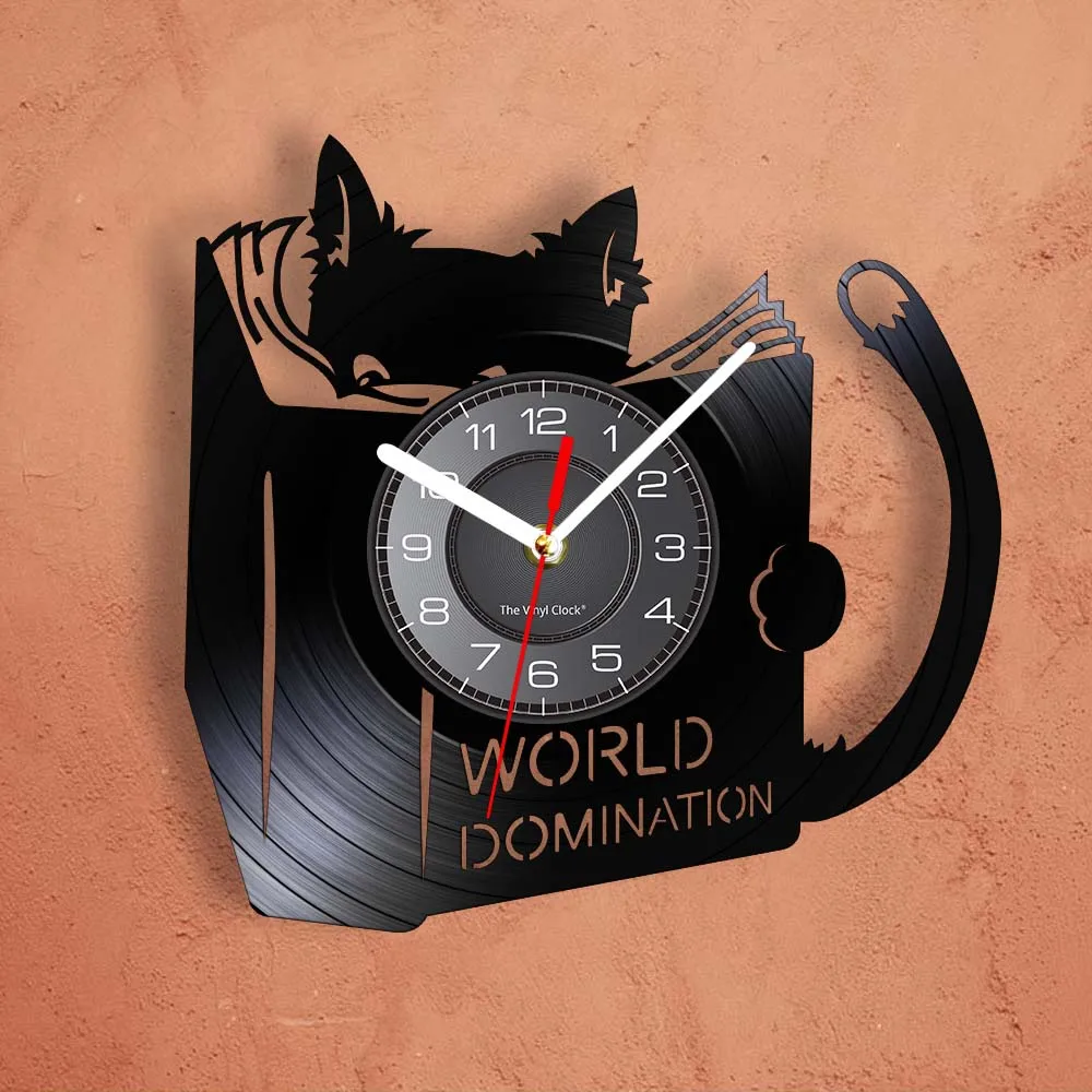 World Domination for Cat Kitty Reading Books Vinyl Record Wall Clock Anime Black Kitten Home Decor Timepieces Cat Lover Gift