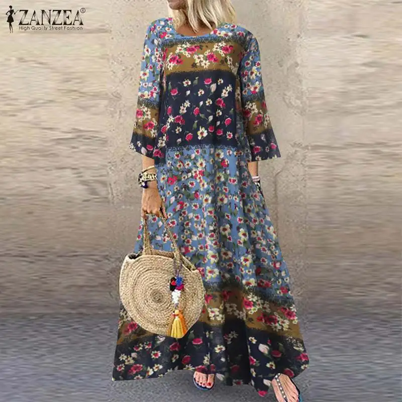Spring-Dress Robe Tunic Floral-Print Bohemian ZANZEA Cotton Plus-Size Women 3/4-Sleeve