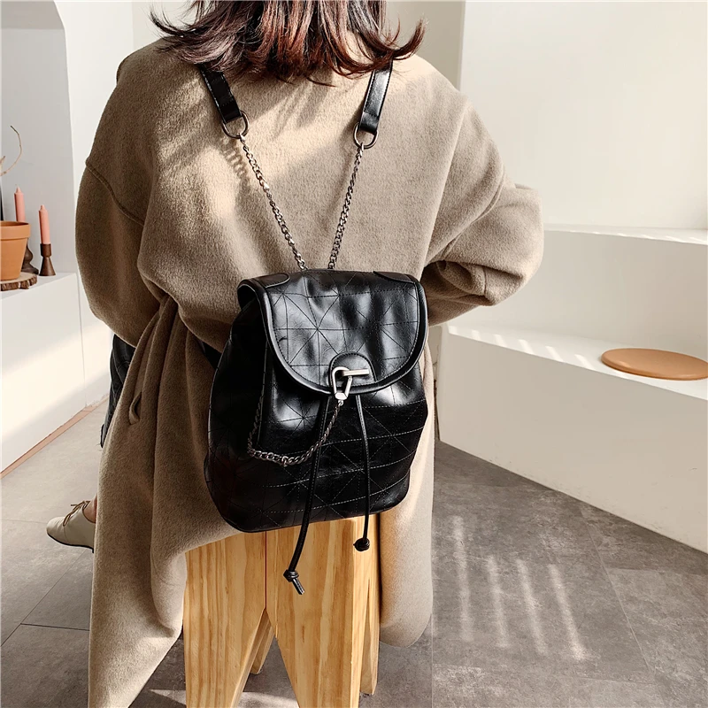YASICAIDI Plaid PU Backpack Flap Pocket Women Rucksack Leather Chain Shoulder Strap Bucket Drawstring Bag Pack Lady Shoulder Bag