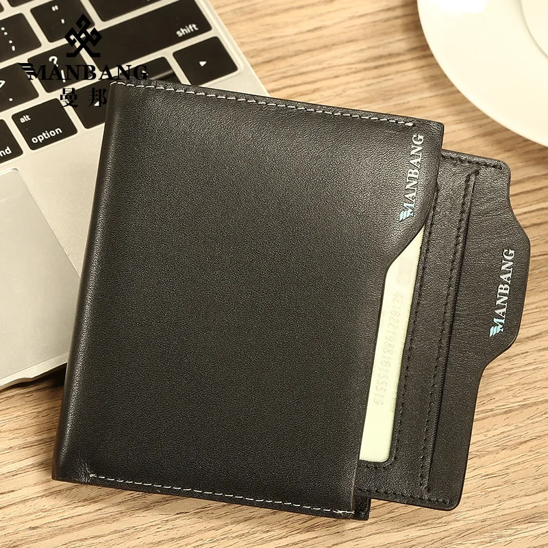 

ManBang MEN'S Wallet Short Two-fold Zipper First Layer Cow Leather Wallet Classic Business Men's Leather Wallet