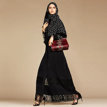 

Siskakia Black Lace polka dot stitching Turkish Islamic Abaya Open Front Kaftans & Jubah Caftan Marocain Kimono Dress Eid Dubai