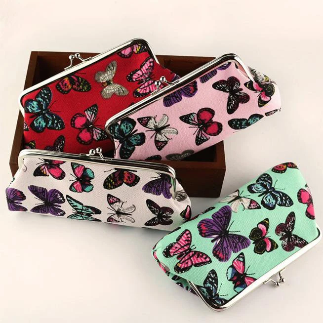 Fashion Woman Purses Elegant Butterflies Canvas Student Pink Wallet For Mobile Phone Green Long Coin Purse For Girl Gifts 814