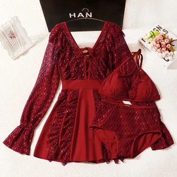 

2020 Women Solid Three Piece Bikini Set Padded Bathing Suit with Cover Up Summer Sexy Swimsuit Biquinis Ladies Swimwear Suits