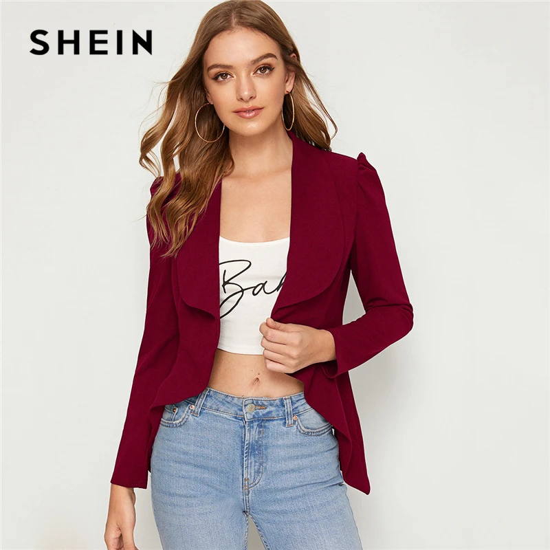 SHEIN сплошной водопад шеи асимметричный подол элегантный блейзер для женщин осень с пышными рукавами тонкий приталенный офисные женские куртки-блейзеры