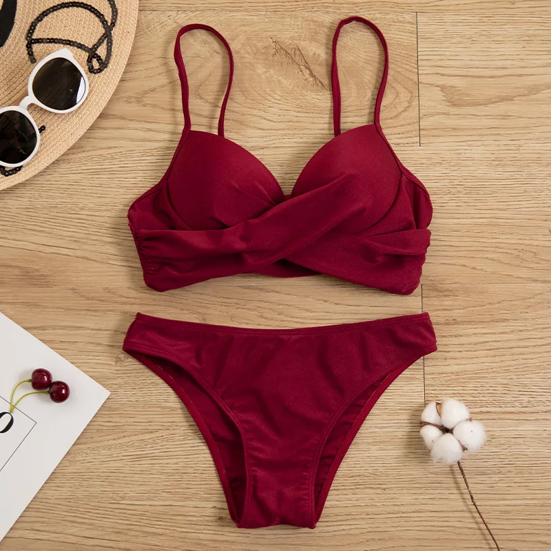 

2020 New Style Solid Color Triangular Hard Underwire Push up Split Type Exposed Back Bikini Sexy Fashion WOMEN'S Swimsuit