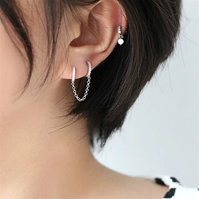 Huitan One PCS Hot Sale Two Hole Piercing Earrings for Women Brilliant Crystal Zircon 3 Metal Color Chain Earring Party Jewelry 3