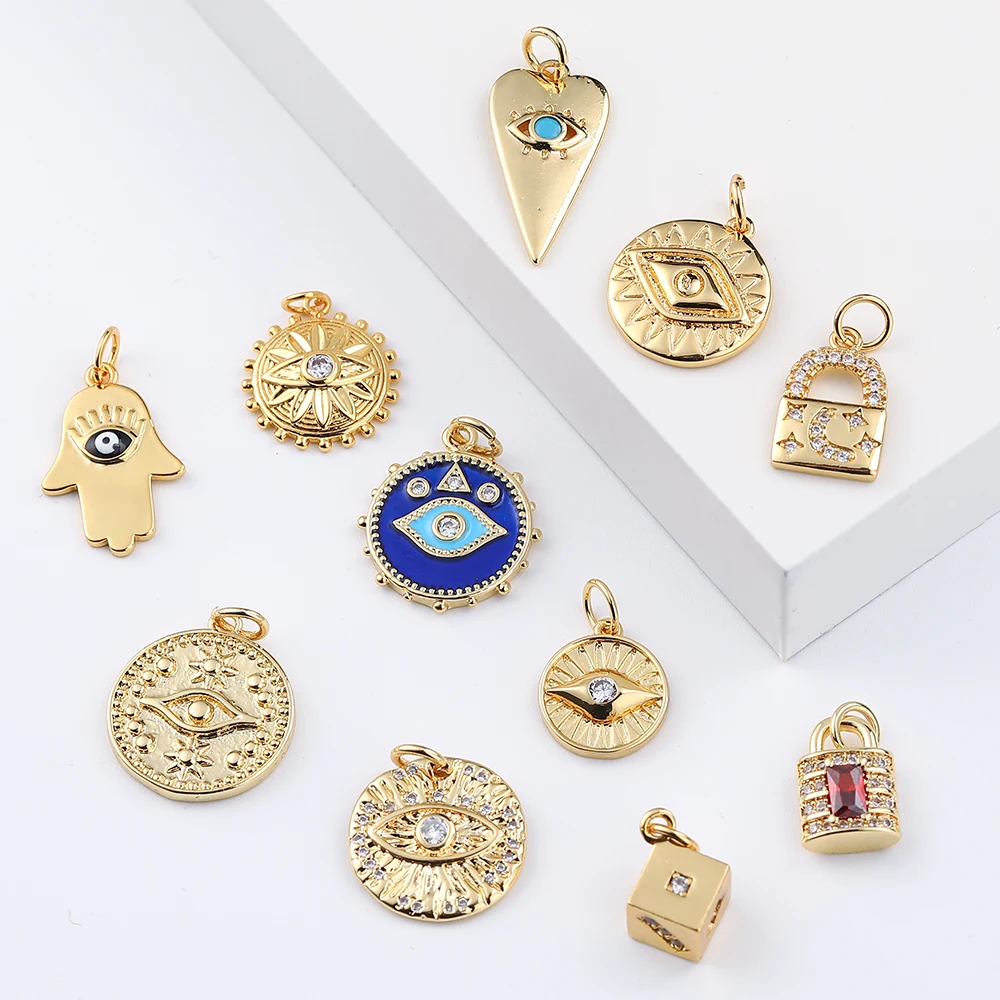 Turkish Evil Blue Eye Amulet Charms for Jewelry Making Supplies Gold Lock Charm Diy Pendant Designer Coin Necklace Bracelet CZ