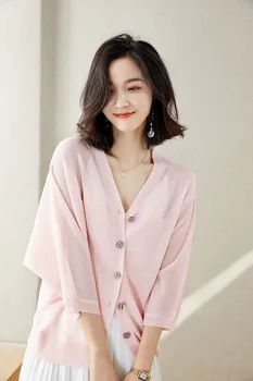 

New ladies solid color loose five-point sleeve button knit cardigan red