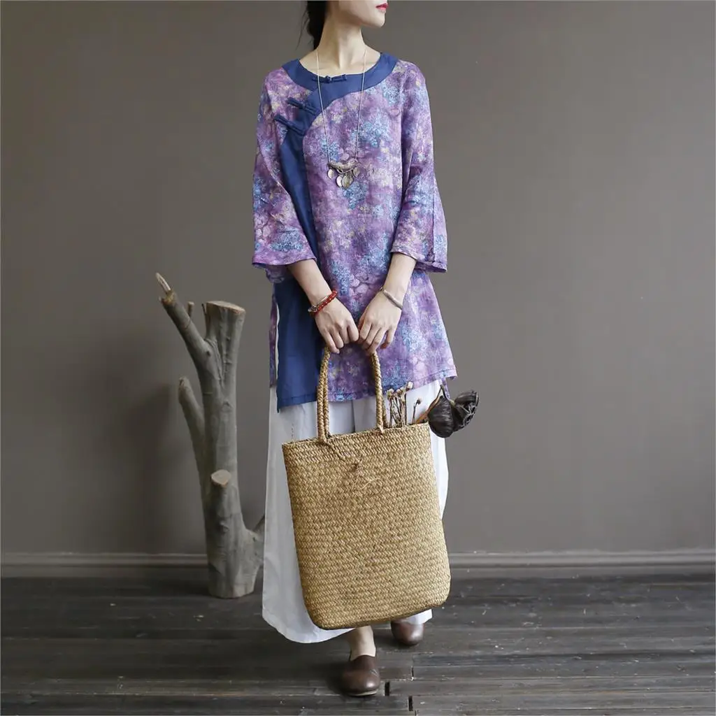 

Women Loose Retro Printed Ramie Shirt Tops Ladies Printed Vintage Patchwork Ramie Blouse Long Tops 2019 Autumn