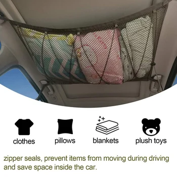 

Pocket Car Cargo Net Ceiling Storage Netting Pocket Double Layer High Elastic Simple Breathable Mesh Zipper Storage Bag