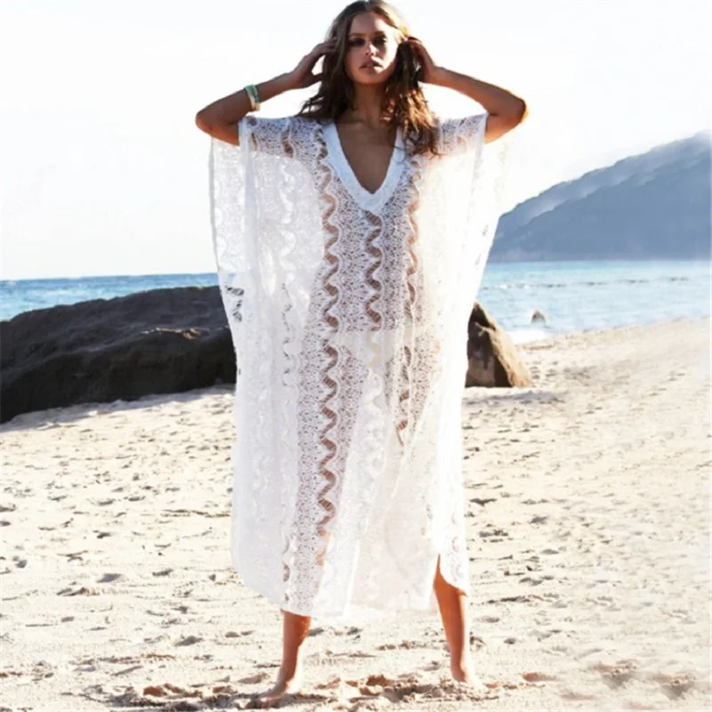 

Sexy Beach Cover up Lace White Swimwear Dress Ladies Bathing Suit Cover ups Beach Tunic Saida de Praia