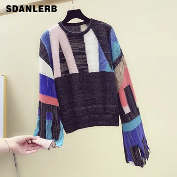 

2019 Spring Autumn Pull Sweater for Woman Loose Streetwear Long Sleeve Sweater Female Student O Neck Color Patch Jumper Knitwear