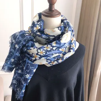 

KYQIAO Luxury Brand EthnicViscose blue print Shawl Scarf Ladies Fashion floral Head Wraps Pashmina Stole Muslim Hijab