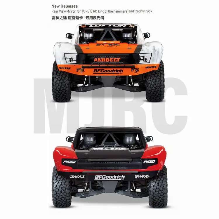 Paire de rétroviseurs RC 1/10 noirs installés sur un châssis, aspect robuste et ajustement parfait.