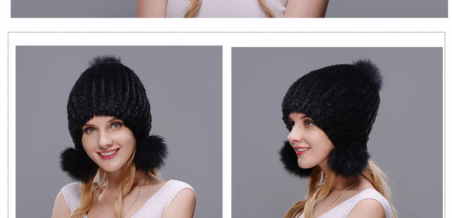 JINBAOSEN frauen Pelz hute Gestrickte Real Nerz Pom Poms mutzen Mode Dicke Warme в зимних шапках Mit 3 fuchs Pelz Kugeln Новинка