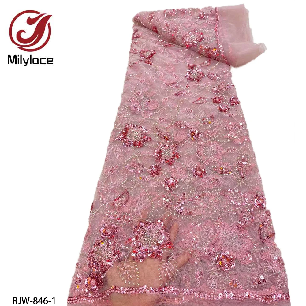 

Luxury Nigerian Hand Beaded Lace with Sequins High Quality French Tulle Lace Materials for Party RJW-846