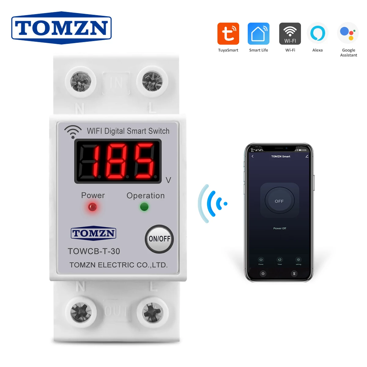 Din Rail WIFI Circuit Breaker with Voltage display Smart Switch Remote Control by Smart Life TUYA for Smart Home 30A TOMZN